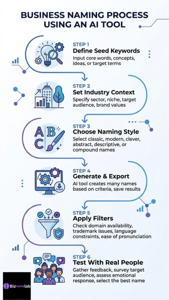 Step-by-step business naming process flowchart using AI tools"