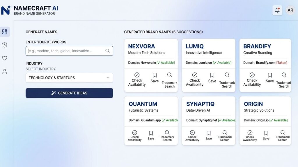 AI business name generator tool interface with seed keyword inputs