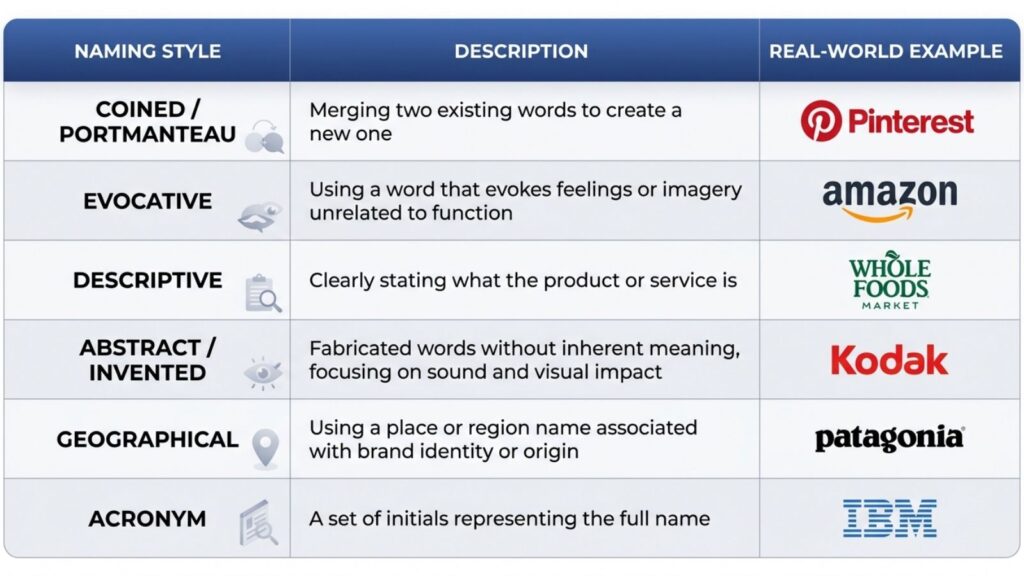 Comparison of linguistic styles in brand naming including coined and evocative names