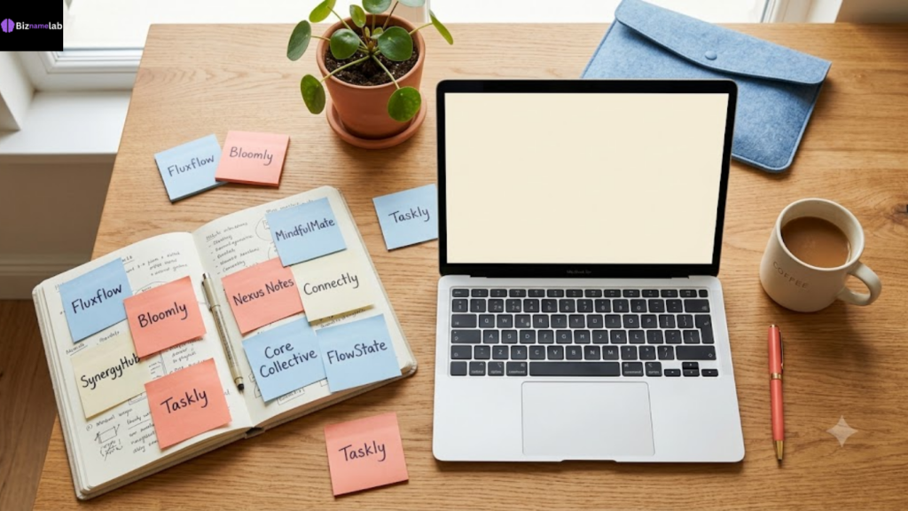 Catchy mobile app names brainstorming board with sticky notes
