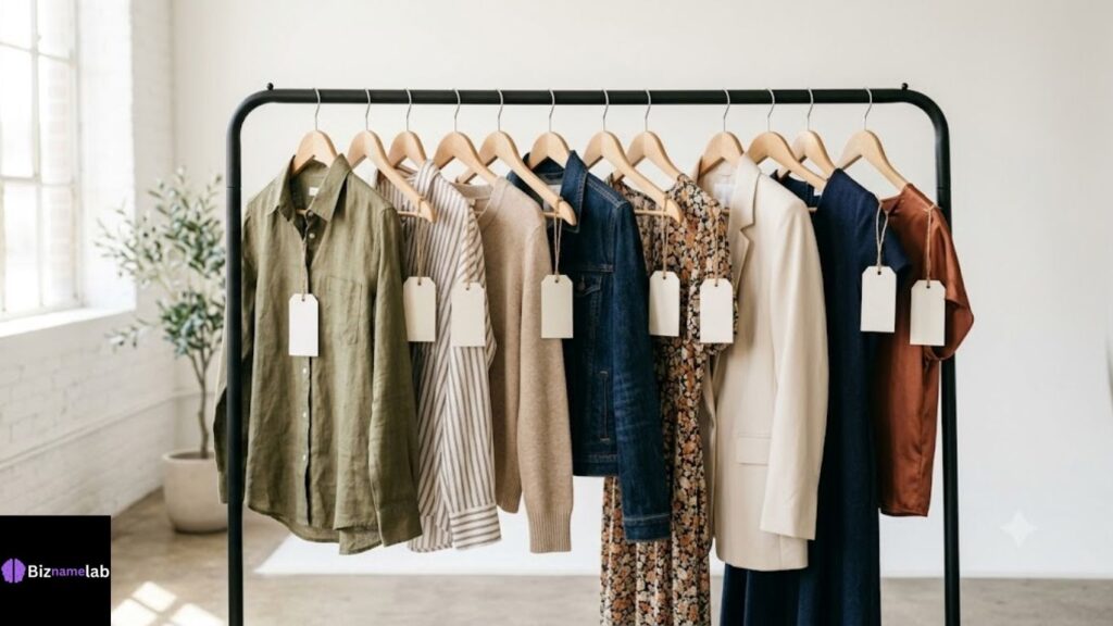 "fashion clothing brand names hanging on boutique rack"