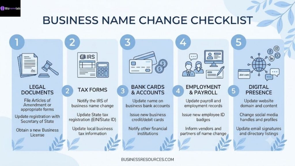 Business name change checklist covering legal, tax, and digital steps