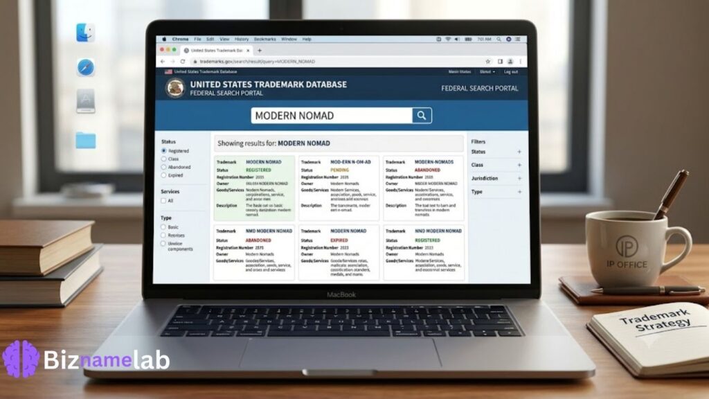 USPTO trademark database search screenshot