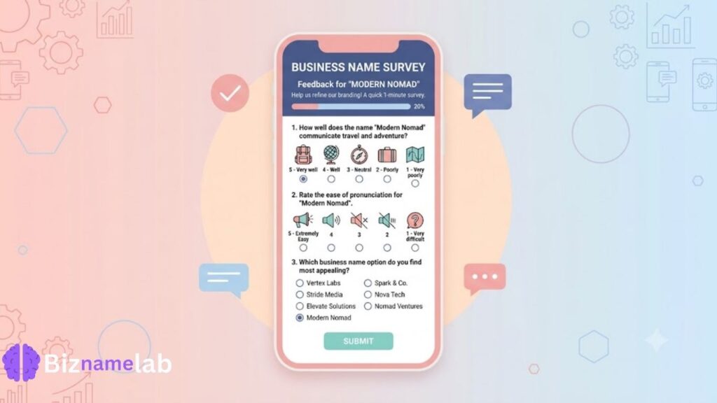 "Sample business name survey questions for founders"
