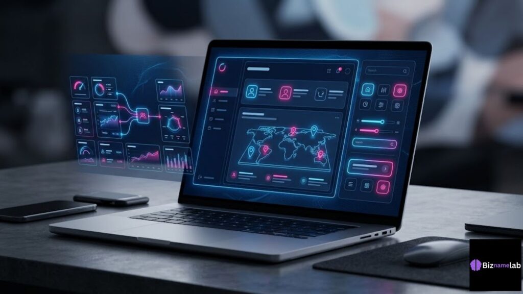 Modern web design mockup featuring neon color accents on a dark background UI.