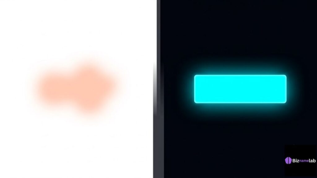 Comparison of poor contrast neon text on white vs high contrast neon text on dark mode background