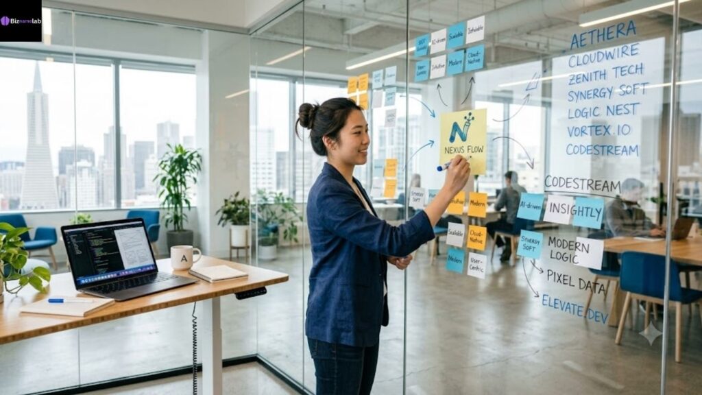 Founder brainstorming software company name ideas on a whiteboard