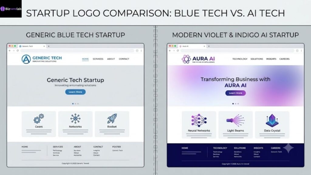 Comparison of traditional blue tech logo versus violet AI brand logo