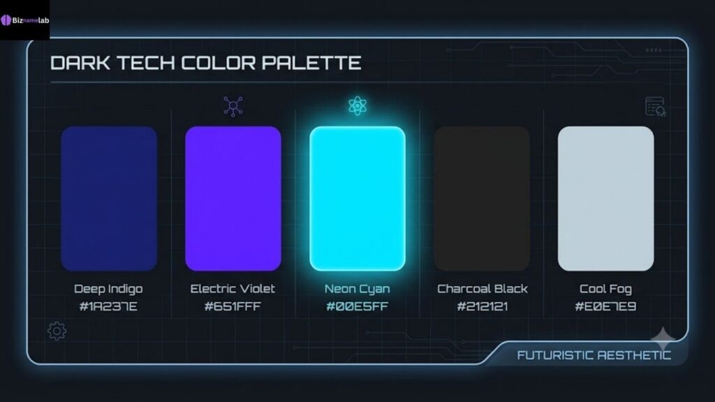 AI and deep tech color palette with indigo, violet, and neon cyan hex codes
