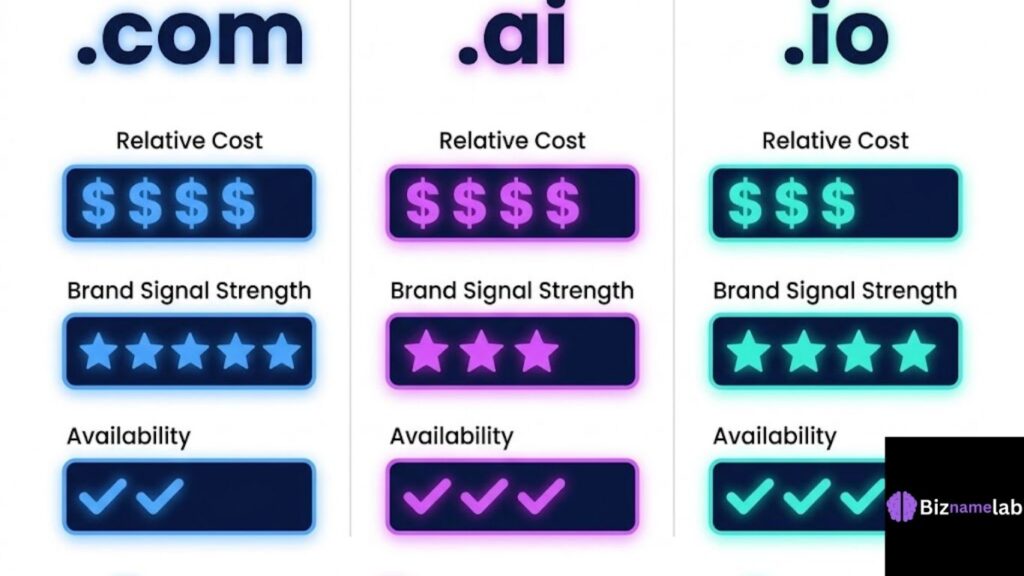 .com vs .ai vs .io domain extension comparison chart