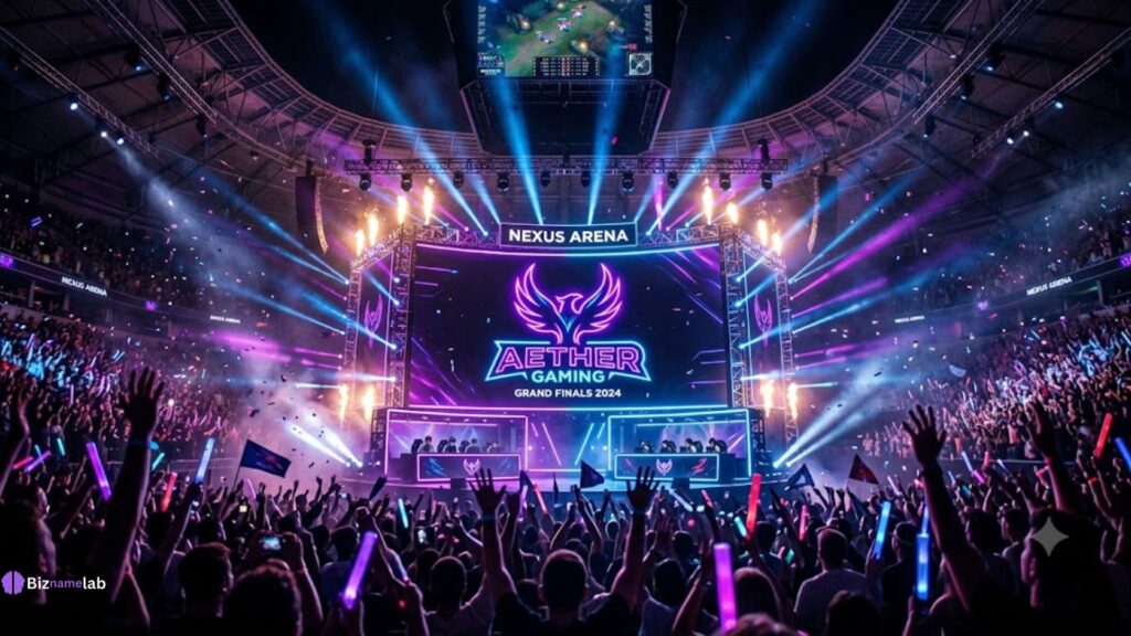 gaming and esports company name ideas displayed on stadium screen