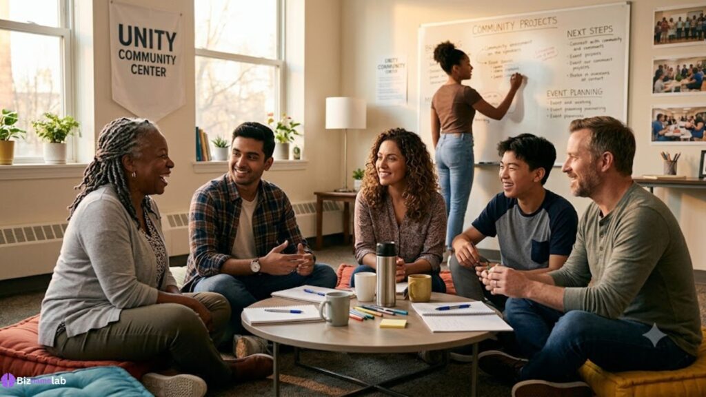 Volunteers brainstorming nonprofit company name ideas together