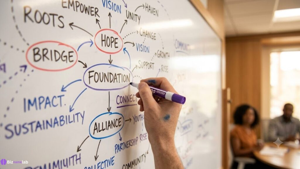 Team brainstorming creative name ideas for nonprofit organizations"