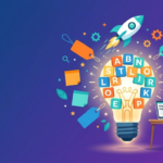 Lightbulb surrounded by name tags and a rocket representing 200+ startup name ideas
